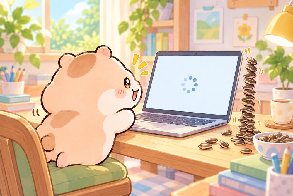 ソフトの読み込みを待ちながらひまわりの種を積むハムスターのナビ助