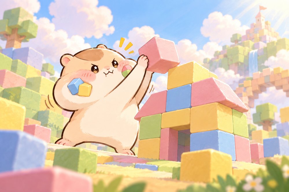 ブロックの世界でおうちを組み立てるハムスターのナビ助