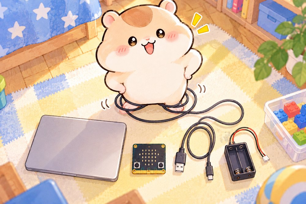 基板とケーブルと電池ボックスを並べて準備するハムスターのナビ助