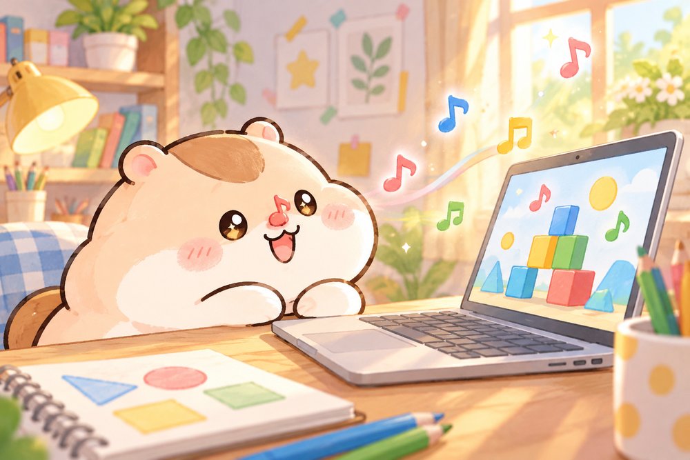 ブロックを並べて飛び出す音符にうっとりするナビ助
