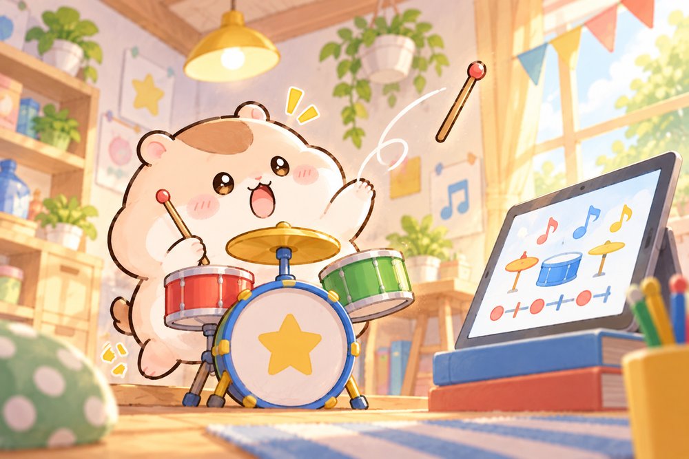 画面を見ながらドラムを叩いてスティックを飛ばすナビ助
