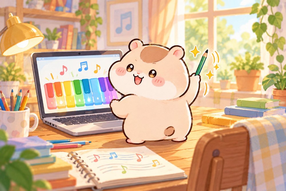 自作のピアノアプリで作曲して指揮をするナビ助