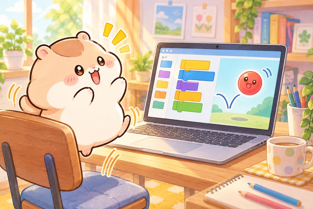 ブロックプログラミングで動いたキャラに大喜びするナビ助