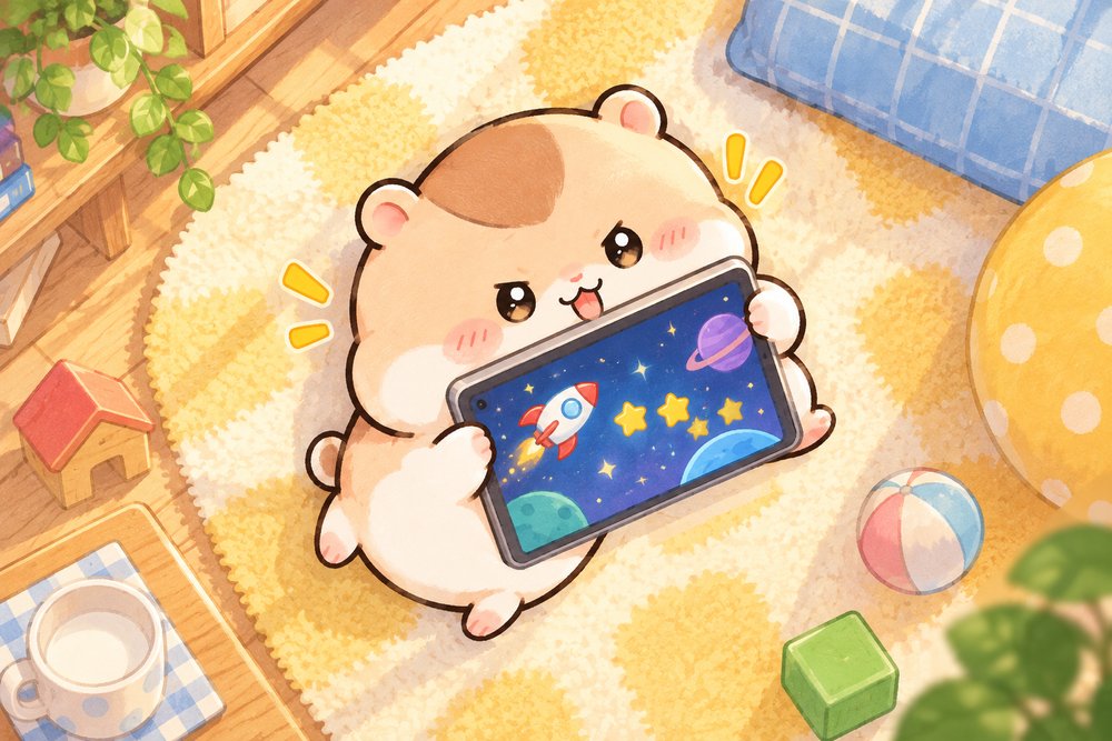 自作のゲームをタブレットで夢中で遊ぶナビ助