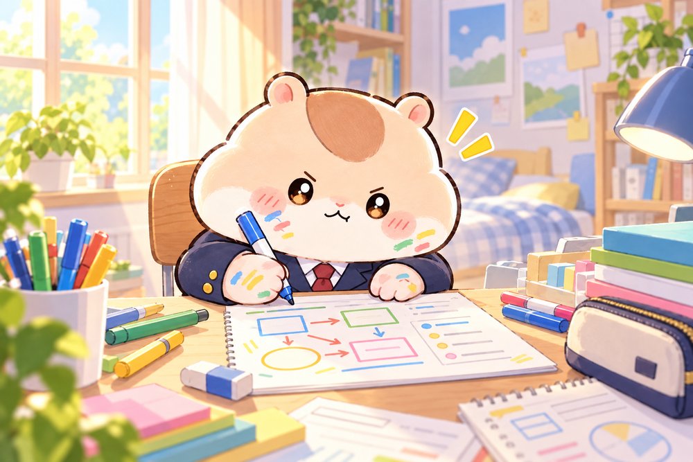 ほっぺに色ペンをつけて課題を仕上げるハムスターのナビ助