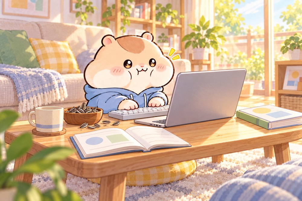 ほっぺに種をためてタイピング練習をするハムスターのナビ助