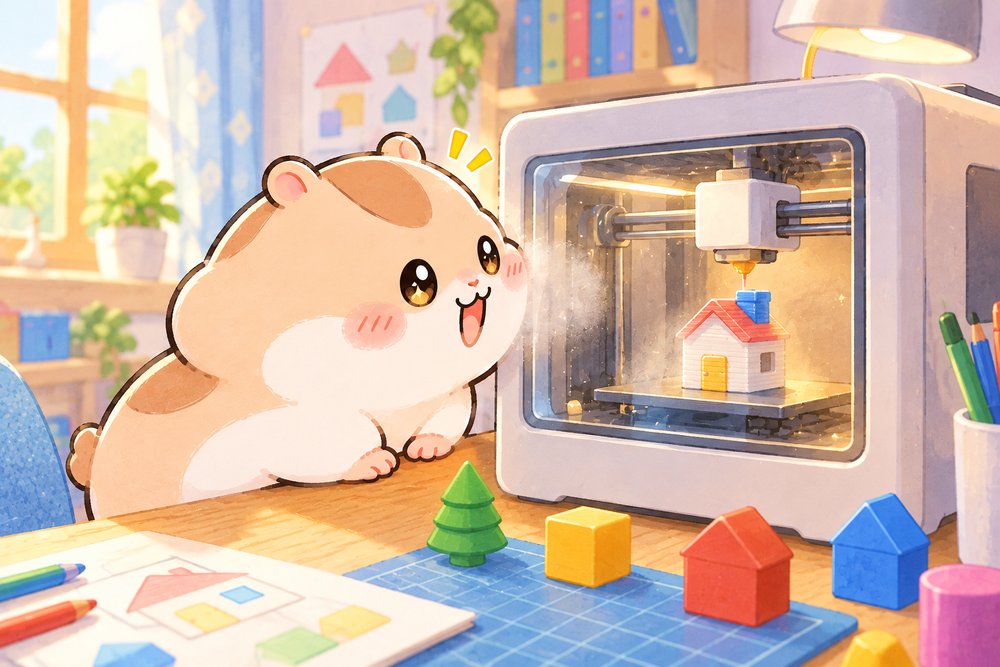 3Dプリンターでおうちの模型ができていくのを見つめるハムスターのナビ助
